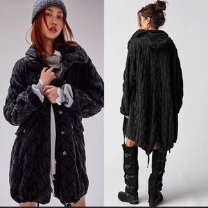 Free People One Cedar Quilted Parachute Jacket Hood Black XS Oversized Coat Goth
